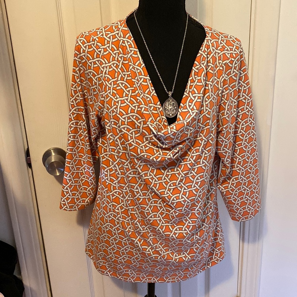 J McLaughlin top. Catalina cloth. Low cut Cowl neck, half sleeve, size XL